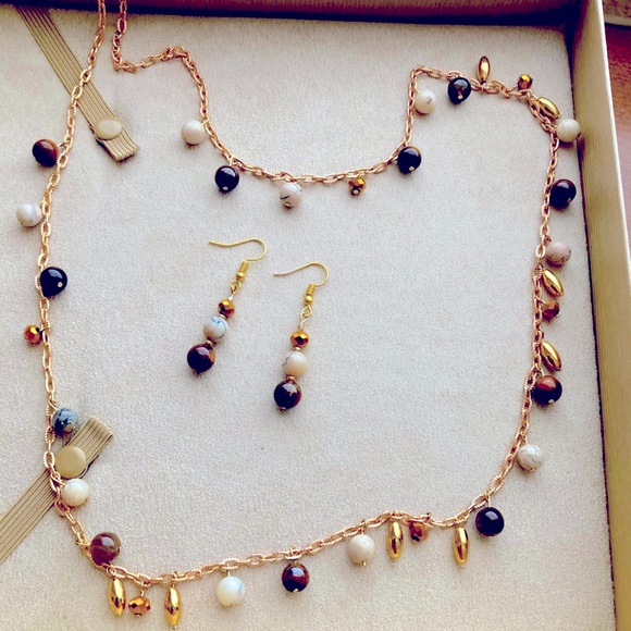 African Opal & Tigers Eye Bead Dangle Necklace & Earring Set - Earth Tones - Picture 3 of 4